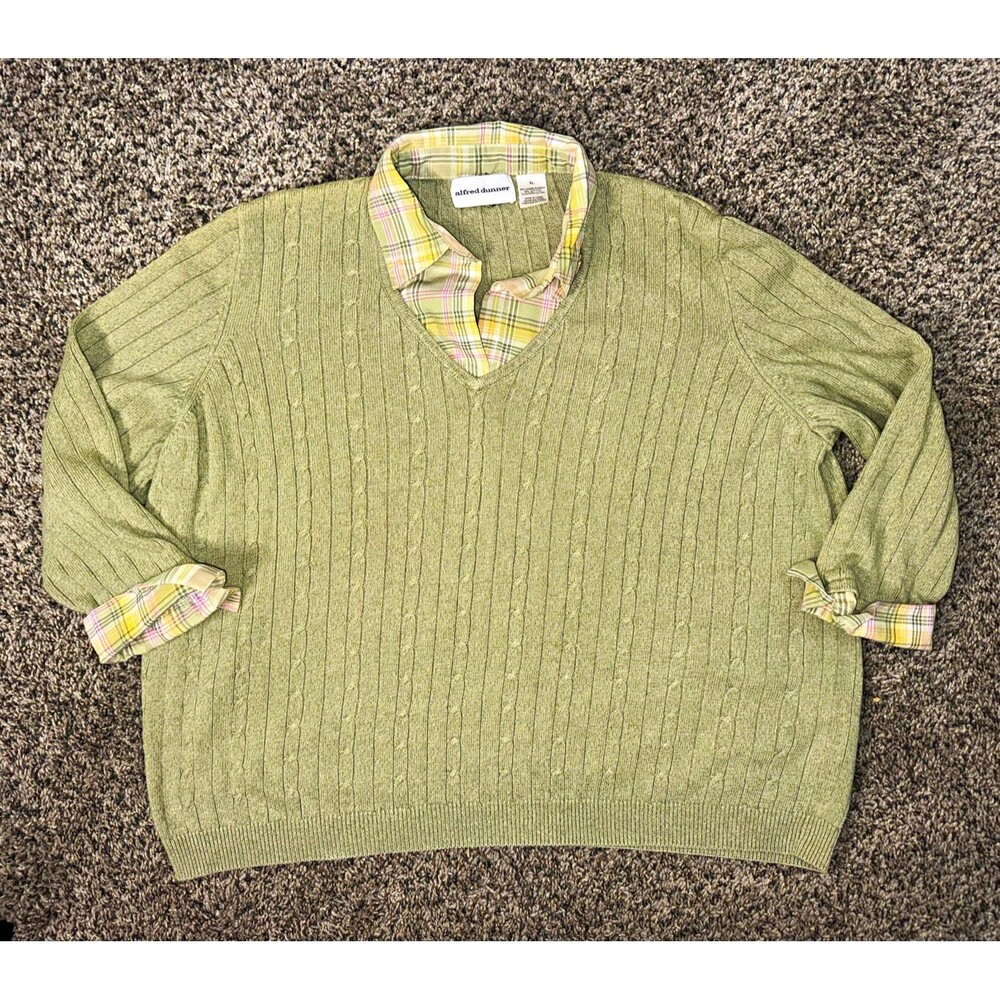 Alfred Dunner Women’s Green Cable Knit V-Neck Collared Pullover Sweater XL